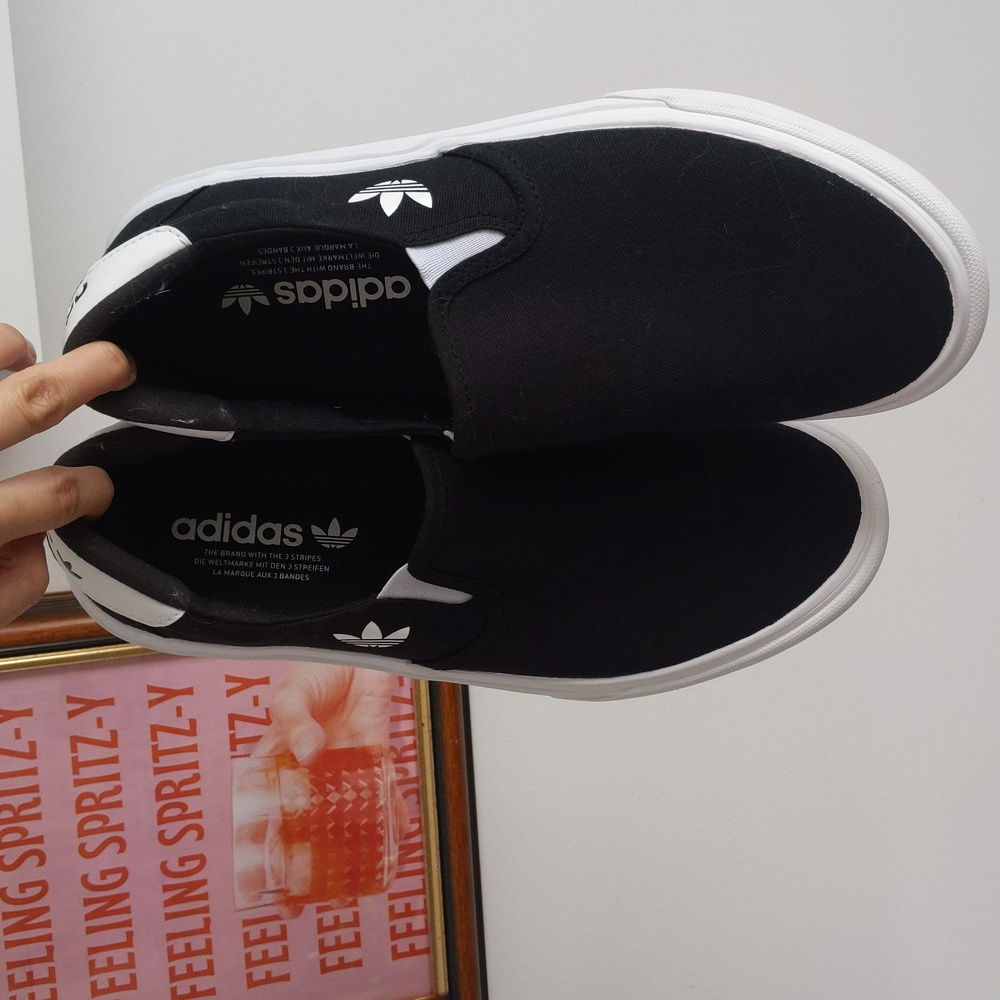 Adidas size 9 black and white slip ons